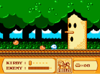 Kirby, seen here about to mug Whispy Woods